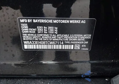 2026 BMW 740I xDrive from USA, damaged, VIN WBA33EH08TCW67114